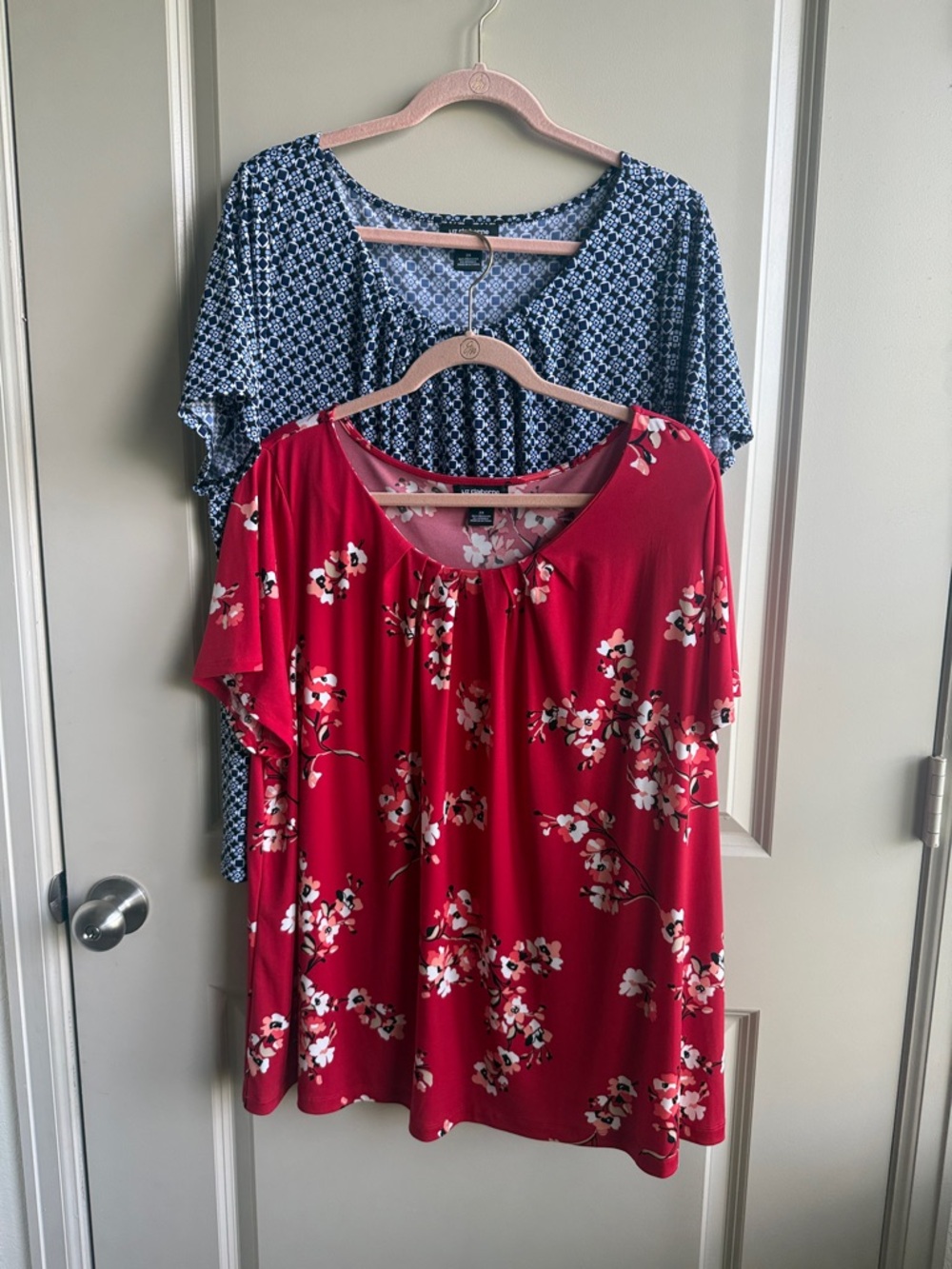 Set of 2 Tops Women’s Short-Sleeve Tops - Blue Tile and Red Floral